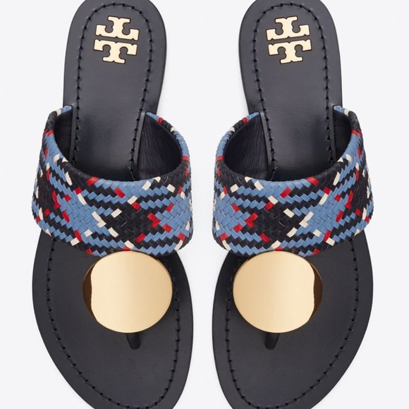 Tory Burch $268 Patos LEATHER Disk Sandal Blue Woven 10 - Picture 2 of 13